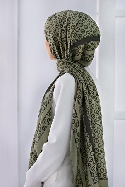 Vissona KREP DEGRADELİ MONOGRAM DESENLİ HAKİ RENKLİ 75X195 KIRIŞMAZ ŞAL