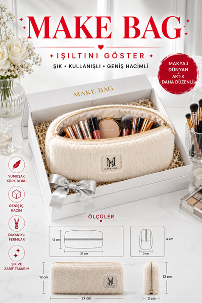 MAKE BAG EKRU PELUŞ KALEMLİK TARZ MAKYAJ ÇANTASI