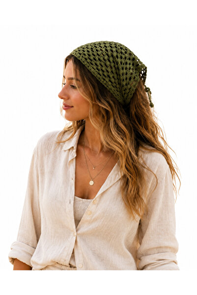 NEHOLİA Hand Knitted Hair Bandana Khaki Green Bohemian Style Triangle Bandana...