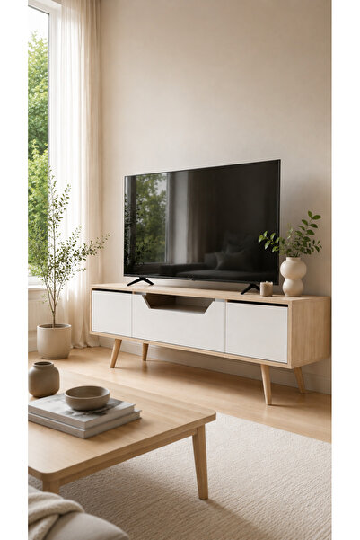 VM VERTEX MOBİLYA Roma Ahşap Ayaklı Tv Ünitesi Tv Sehpası Safir Meşe-Beyaz 15...