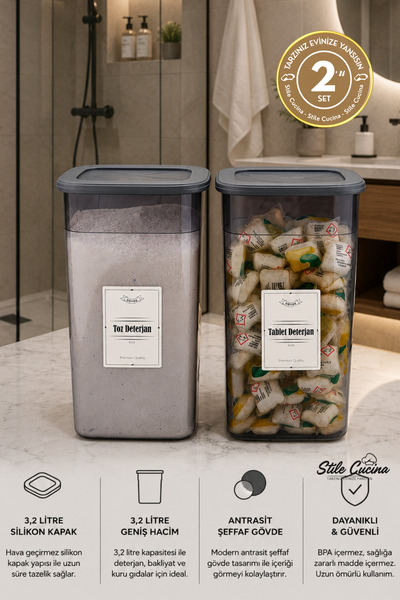 Stile Cucina 2'li Tablet Deterjan 3200 Ml Ve Toz Deterjan 3200 Ml Saklama Kut...