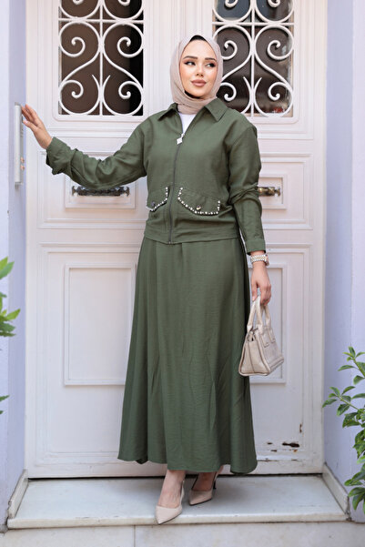 N.S NEVA STYLE Zippered Khaki Hijab Skirt Double Set 44751Hk
