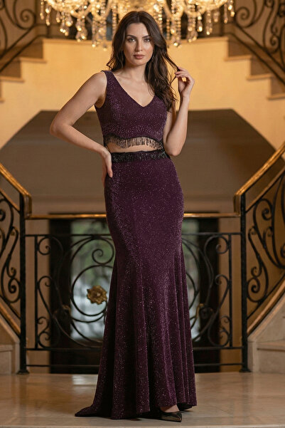 Neva Style Püskül Detaylı Mor Abiye Elbise 36750MOR