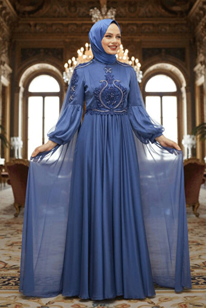Neva Style فستان سهرة محتشم باللون الأزرق النيلي مع عباءة 2212IM