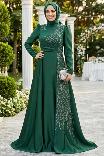 Neva Style Boncuk İşlemeli Zümrüt Yeşili Tesettür Abiye Elbise 2295ZY