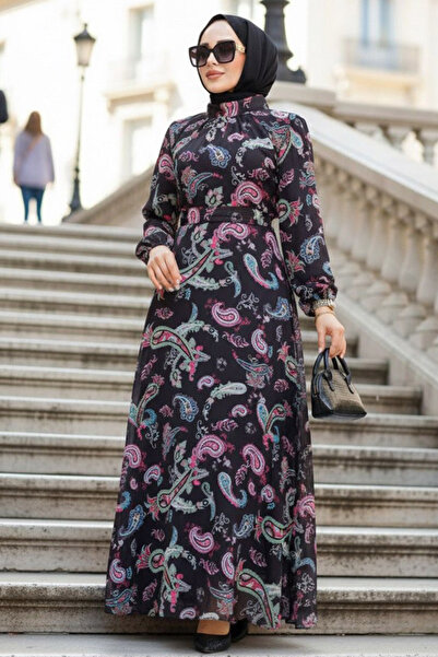 Neva Style Floral Print Black Fuchsia Hijab Dress 52681Sf