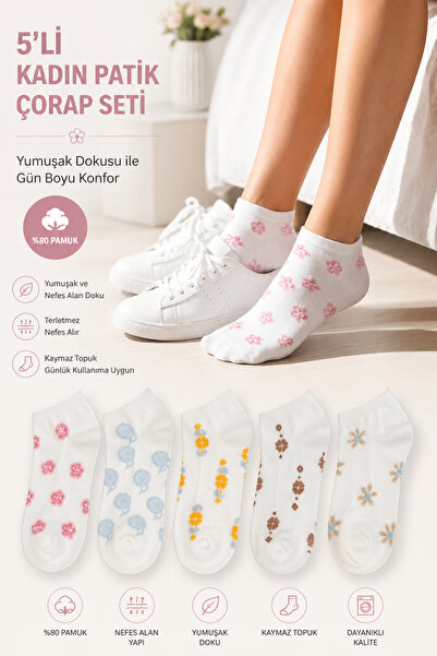Socks Stores 5'li Kadın Çiçek Desenli Pamuklu Patik Çorap - Dikişşiz Burun Ka...