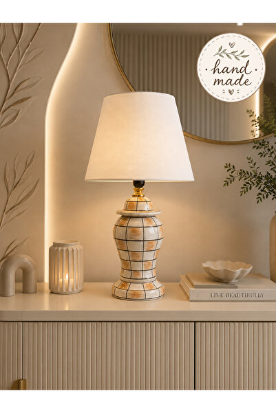 daiza home Dekoratif Hand Made El İşi Şah Küp Kapaklı Abajur Damalı Kahvereng...