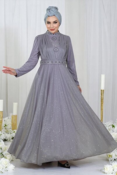 Missvalle Stone Detailed Glittered Evening Dress with Draped Chest Lilac 19188