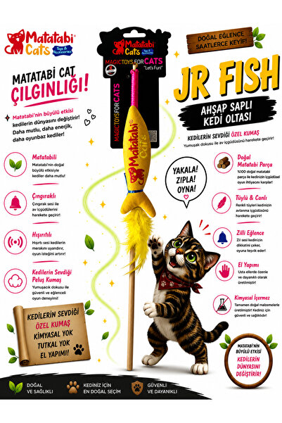 MATATABİ CATS Jr. Fish Cat Fishing Rod Wooden Handle, Fabric Cat Toy with Sou...