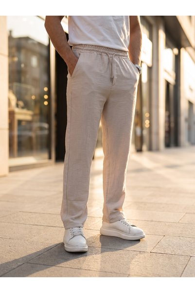 viyamen Men's Summer Comfortable Fit Linen Trousers with Elastic Waist