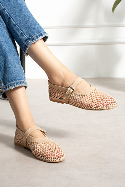 LORENN SHOES Bonnie Beige Mesh Detailed Flat Sole Women's Ballerinas