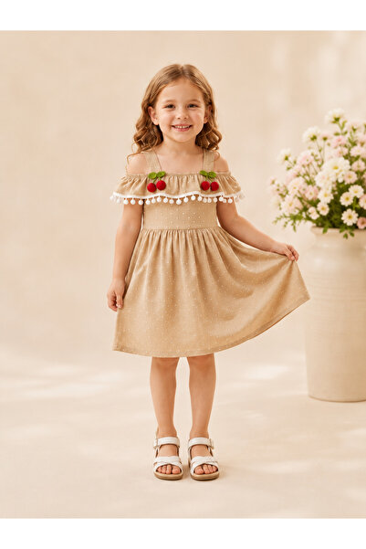 KADİR BABA Girl's Cherry Detailed Strappy Ruffle Summer Dress 2-5 Years