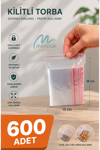 Merpak Ambalaj Kilitli Torba 15x18 Cm 600'lü Kilitli Buzdolabı Poşeti Şeffaf Kilitli Poşet Kilitli Saklama Poşeti