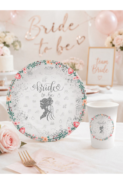 Parti dolabı Bride to Be Written 8-Piece Plate and Cup Set with Colorful Ring...