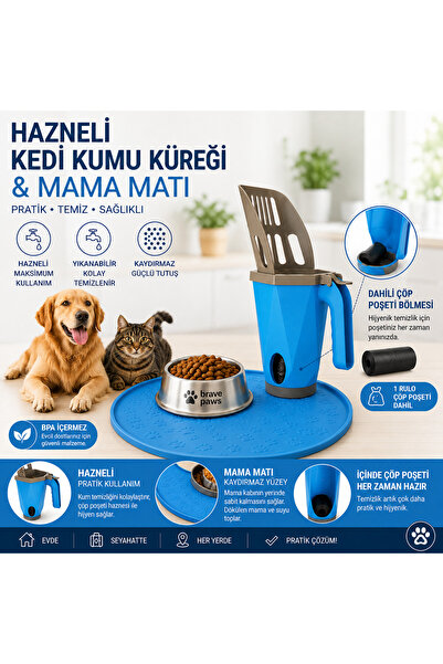 BRAVE PAWS Hazneli Kedi Kumu Küreği + Silikon Mama Matı Seti | Çöp Poşeti Haz...
