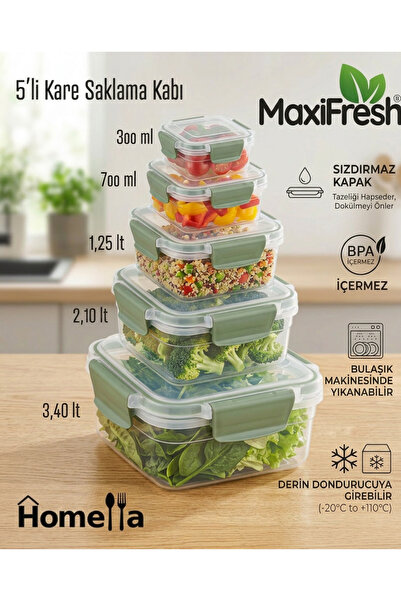 MAXİFRESH Storage Container Set Leak-Proof Square Kitchen Organizer Set of 5 ...