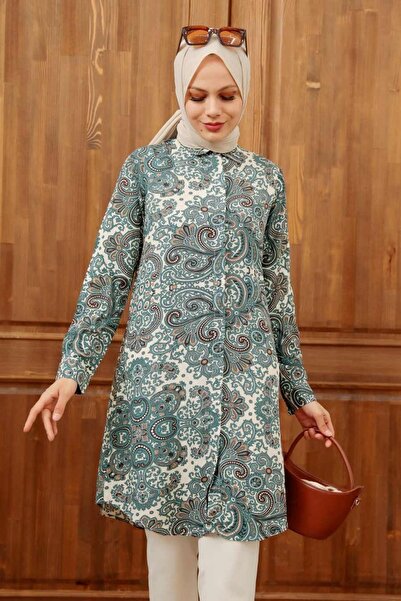 Neva Style Tunica din viscoza Hijab verde cu model 11524CY