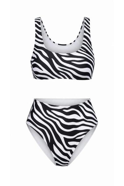 sayina Women's Zebra Patterned Black and White Strap Bikini Set