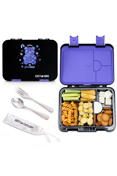 Eazy Kids 6 & 4 Convertible Bento Lunch Box w/Steel Spoon & Fork Set - Teddy ...