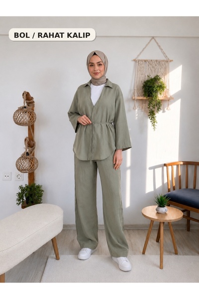 Yunara Kadın Yazlık Tencel Kumaş Bağlamalı Kimono Gömlek Pantolon Takım