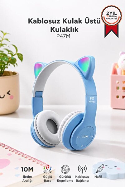 Torima Bluetooth Kulaklık Kulak Üstü Kedi Figürlü Kablosuz Kulaklık P47M Mavi