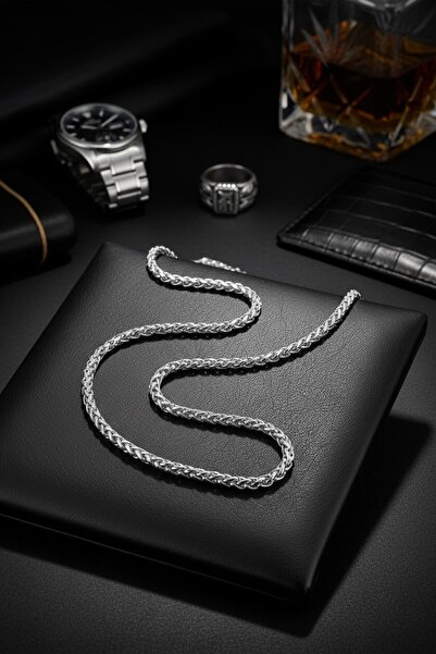 Lorivelle Necklace Chain Spiga Weave Chain for Men - Silver Color, Classic De...