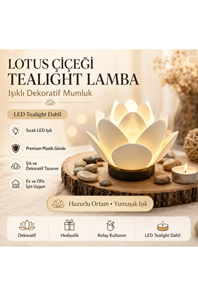 Memania Co Lotus Çiçeği Tealight Lamba – Işıklı Dekoratif Mumluk (LED Tealigh...