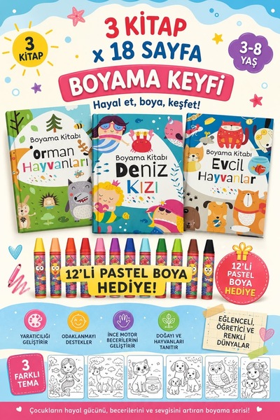 Pembe Pasaj Çocuklar Için Boyama Kitap Seti - Dinazorlar, Hayvanlar, Deniz Kızı