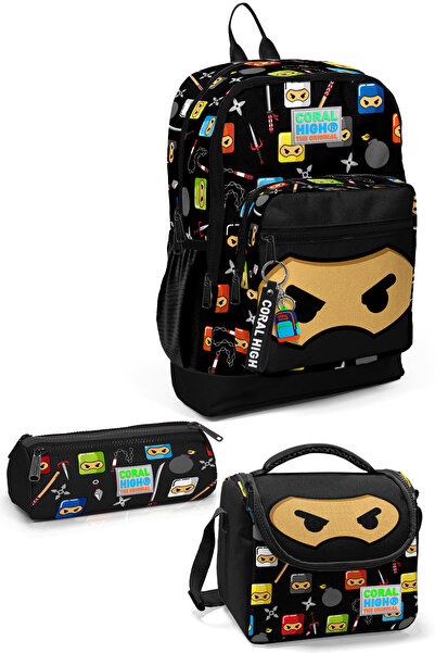 Coral High Set de 3 genți de școală cu model Ninja cu patru compartimente pen...