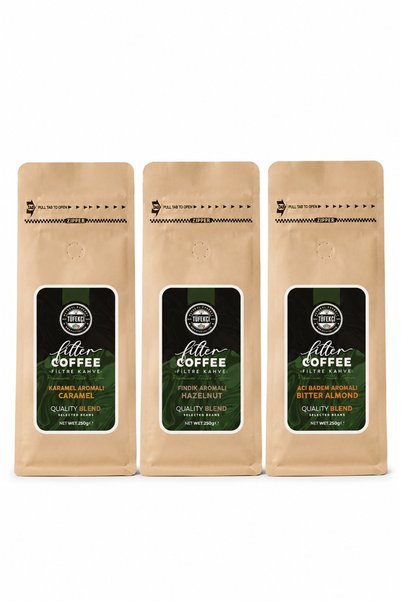 By Tüfekçi Advantageous 3-Piece Flavored Ground Filter Coffee Set 3 X 250 Gr |   Caramel, Bitter Almond and Hazelnut