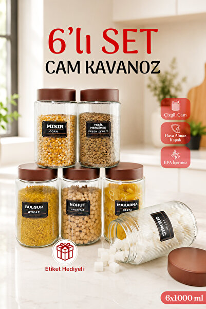 naturelove 6'lı Etiketli Çizgili Cam Kavanoz Seti – Plastik Contalı Hava Alma...