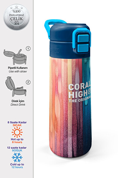 Coral High Kids Lacivert Renkli Çizgili Desenli Pipetli ve Direkt İçim Çelik ...