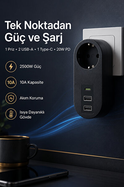 The Wlue Tekli Akım Korumalı Duvar Prizi Isıya Dayanıklı 2xUSB 2.1A 1xType-C
