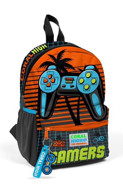 Coral High Minik Yuva Sırt Çantası Gri Turuncu Gamer Desenli Iki Bölmeli 23546