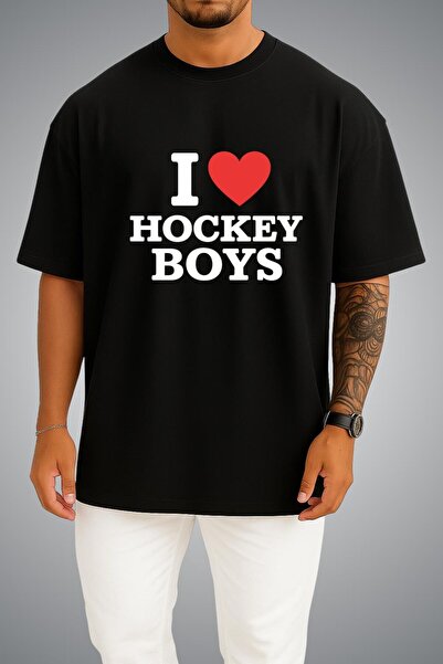 Bahriyeli Collection تي شيرت أبيض كبير الحجم مطبوع عليه I Love Hockey Boys لل...