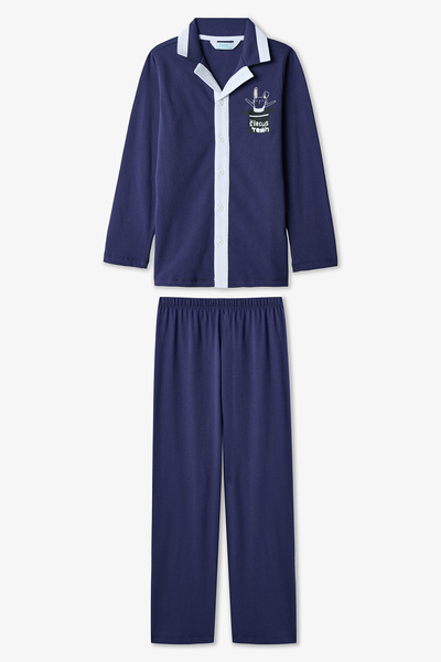 Penti Indigo Suprise Langarm-Pyjama-Set aus Baumwolle mit Knöpfen für Jungen