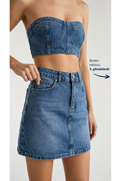 jean shop Kadın Yüksek Bel Mini Kot Etek Cepli Dar Kalıp %100 Pamuk Denim Etek