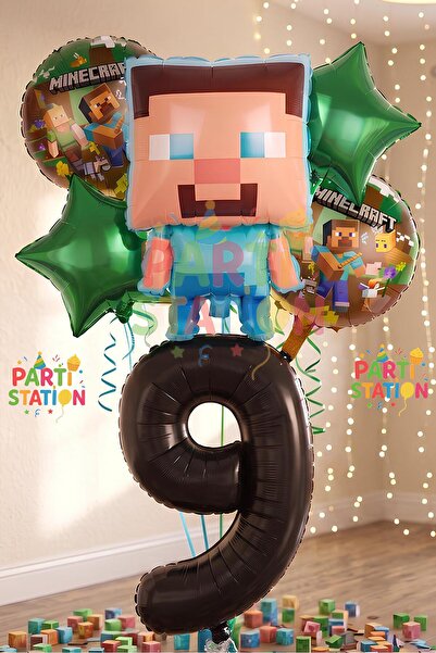 Parti Station Minecraft Balon 9 Yaş Doğum Günü Set Minecraft Konsept Yıldız B...