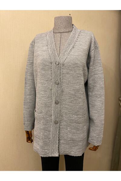 TEK Beaded Knitwear Stylish Patterned Mother's Cardigan with Pearl Detail / Gray