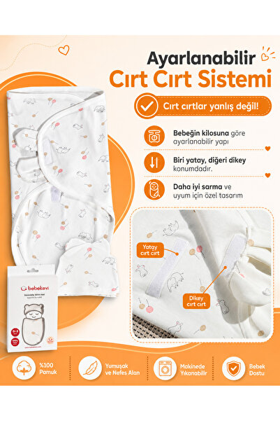 Rocha Baby Practical Combed Cotton Swaddle Set with Ears and Hat, Velcro Fastening, Elephant and Balloon Patterned