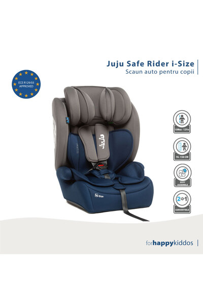 JUJU For happy kiddos Scaun auto pentru bebelusi si copii Safe Rider i-Size, 76-150 cm, transformabil in inaltator auto, tetiera reglabila, husa detasabila si lavabila, Gri-Bleumarin