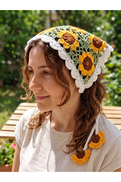 Craft El Örgüsü Ayçiçeği Motifli Saç Bandanası - Bohem Örgü Saç Aksesuarı - R...