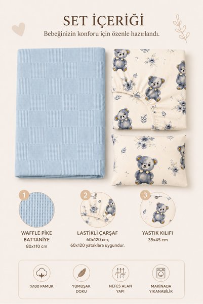 Bebelz 100% Cotton Mother's Side Crib Set with Teddy Bear - Pique Blanket, Elastic Sheet and Pillowcase - 3-Piece Baby Sleeping Set - Compatible with 60X120-70X110-70X120 Beds