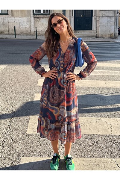 ONLOOX Navy Blue Chiffon Fabric V-Neck Long Sleeve Dress with Elastic Waist a...
