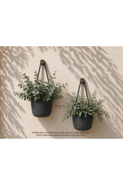 ÖRGÜM Sepet Mini Dekoratif 2'li Çiçeklik 12x10 Cm ( Bitkiler Ve Askılar Dahil...