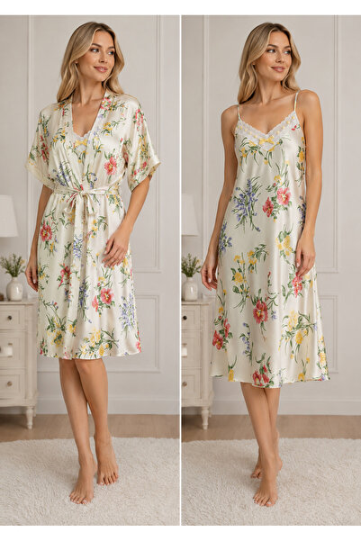 ENGIN Women's 2-Piece Ecru Floral Satin Dressing Gown Nightgown Set