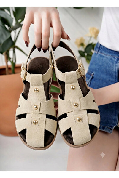 WEBORN Women's Brown Suede Cage Soft Sole Sandals with Buckle Detail