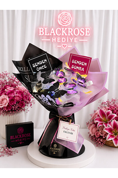 blackrosehediye Uzun Saplı LED Işıklı Siyah Mor Lila Kelebek Buketi | Senden ...
