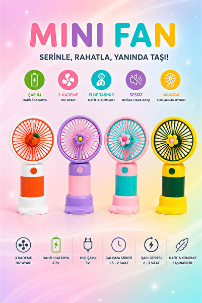 MİNGODAN USB Şarjlı Mini Fan 3 Kademeli Taşınabilir El Fanı Masaüstü Fan Sess...